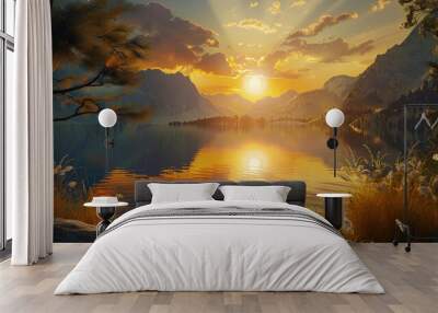 Autumn landscapes, Sunrise over the clouds in the valley, forest landscape with misty morning light, with view of the sunrise, magical woodland scene with sunlight illuminating the golden leaves
 Wall mural