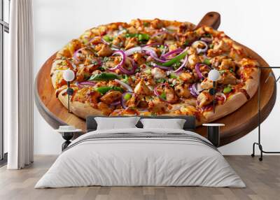 Barbecue chicken pizza with red onion, green bell pepper and tomato sauce on a wooden plate in an isolated white background Wall mural