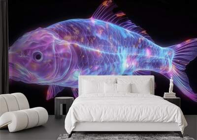 beautiful neon transparent fish with flowing fins on black background, generative ai   Wall mural