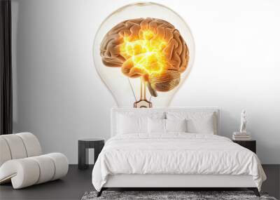 Brain inside a light bulb glowing isolated on transparent background Wall mural