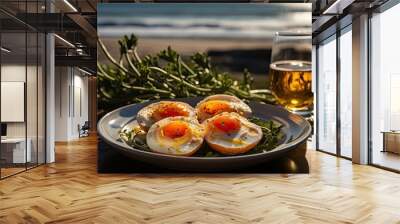 Breakfast avocado eggs and coffee by the sea. Selective focus.   Wall mural