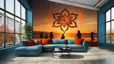 children flying kite in yellowish silhouette mandala in background for template  Wall mural