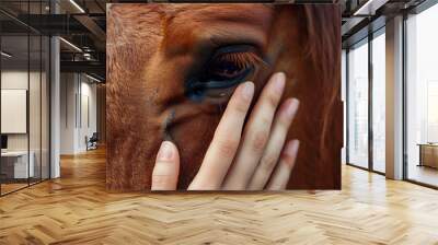 Close-up of a female hand stroking a brown horse head Wall mural