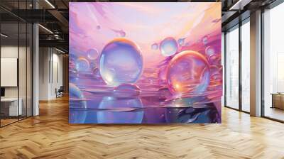 Craft a 3D abstract space where translucent orbs float in a sea of shimmering, iridescent mist. Wall mural