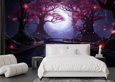 Dark mysterious forest with a magical magic mirror, a portal to another world. Night fantasy forest.  Wall mural