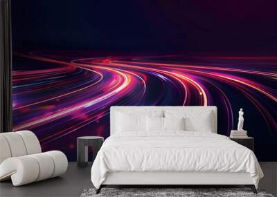 Dynamic luminous streaks on a dark backdrop, Modern layout for banners, brochures, and advertisements, Abstract motion curvy urban road with neon light motion Wall mural