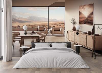 elegant wood furniture, the simple design of the room enhances the natural appeal of the wooden dresser,   Wall mural