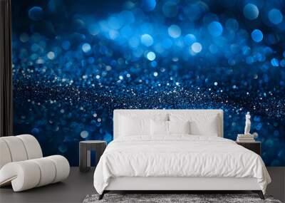 Golden lights in the shape of stars for a festive background, Abstract, bright background, blurred bokeh, shiny blue graphic background with bokeh space for text, Dark blue and glow particle 

 Wall mural