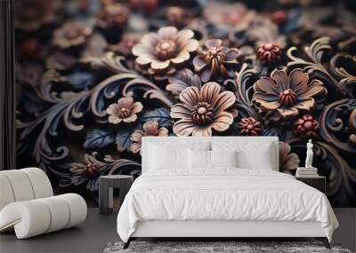 Intricate Wooden Floral Carving on Antique Furniture Close-up   Wall mural