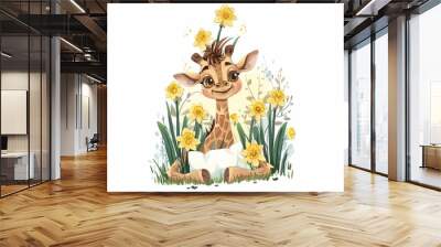 Cute cartoon giraffe with daffodils on a white background Vector illustration. Wall mural