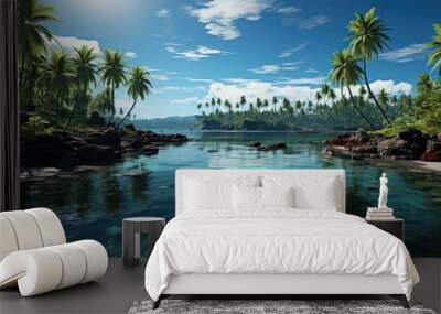 Paradise beach with palm trees, calm ocean, sunshine and blue sky  Wall mural