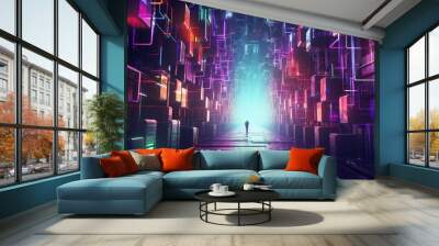 Produce a futuristic geometric abstract image with neon lines and cyberpunk aesthetics, immersing viewers in a digital world. Wall mural