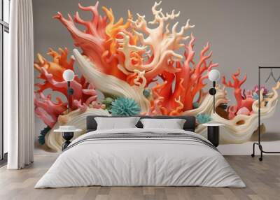 Shape an abstract 3D sculpture resembling a coral reef teeming with colorful marine life, set against a pristine white ocean. Wall mural