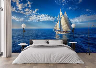 The stark contrast of a white sail against the deep blue ocean Wall mural