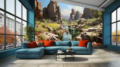 two coloured paintings of a waterfall on the edge Wall mural