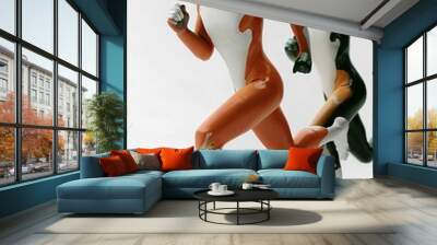 3D minimalist two human figures with smooth bodies and no facial features in mid-motion, running forward. Wall mural