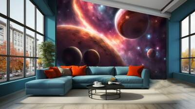 Space exploration concept with planets and nebulae - a cosmic journey through a star-filled galaxy with planets. Wall mural