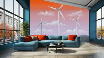 Wind turbines on a hill, renewable energy farm illustration, windmills power landscape, sustainable electricity, environment eco friendly, alternative, efficiency, conservation, technolo Wall mural