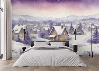 Charming Vintage Christmas Village in Snowy Mountains – Winter Holiday Illustration for Festive Design Projects Wall mural