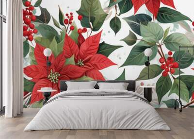 Elegant floral watercolor christmas seamless pattern with red poinsettia and leaves Wall mural