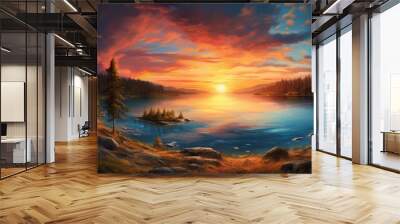 A breathtaking view of a vibrant sunset over a tranquil lake, surrounded by trees and rocks, capturing the serene beauty of nature in a captivating way. Wall mural