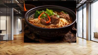 A mouth-watering bowl of noodle soup, beautifully garnished with fresh vegetables, tender meat, and aromatic herbs, capturing the essence of a fulfilling and hearty meal. Wall mural