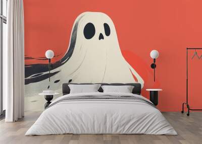 A whimsical, cartoon ghost with a surprised expression floats against a bold orange background, bringing a playful twist to the traditionally spooky figure. Wall mural