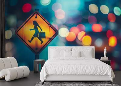 Blurred traffic with pedestrian crossing warning sign Wall mural