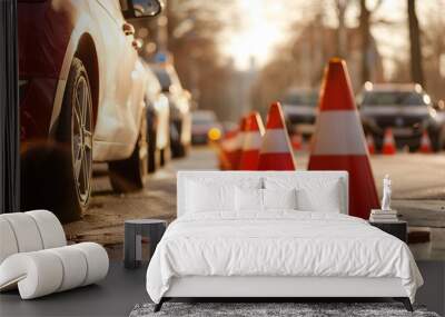 Cars parked beside road lined with traffic cones Wall mural