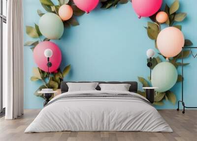 Colorful Balloon Wreath on a Blue Background Wall mural