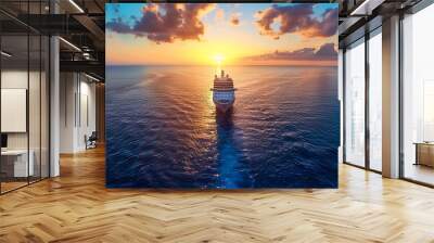 Cruise ship sailing towards the sunset on open water. Wall mural