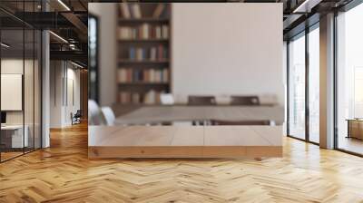 Minimal Scandinavian contemporary empty wooden table with sunlight. Simplistic Home office, Cafe, office and library Wall mural