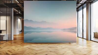 surreal aesthetic Serene landscape with mountains reflected in a calm lake with mist in the background in pastel tone Wall mural