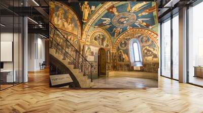 Monastery of Sacred Cave (Sacro Speco) of Saint Benedict in Subiaco, province of Rome, Lazio, central Italy. Monastero del Sacro Speco di San Benedetto da Norcia. Wall mural