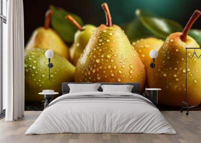 close up of fresh ripe pears with dew drops juicy pears with vibrant yellow green skin against a dark background Wall mural