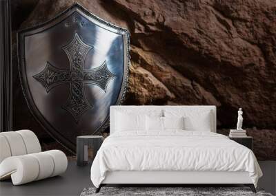 powerful image representing the armor of god featuring a metallic shield with a cross design against a rugged background ideal for religious themes and spiritual messages Wall mural