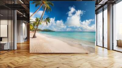 serene tropical scene with palm trees sandy beach and tranquil water under a blue sky filled with fluffy clouds Wall mural