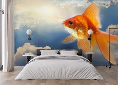 surreal painting of a goldfish with red eye and orange fins is ascending to heaven with a beautiful cloudy background Wall mural