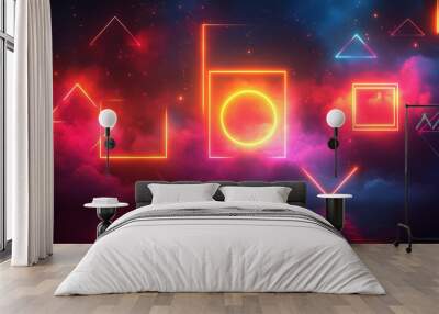 Neon glowing geometric shapes with futuristic background, wallpaper, background Wall mural