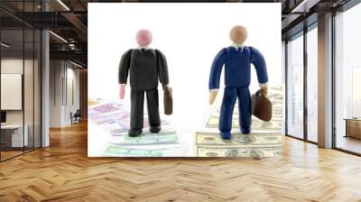 two businessman figures walking together, on money paths. Wall mural