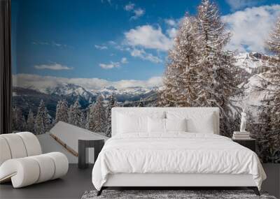 Winter view of  alpine cottage covered with white snow, Dolomites, Italy Wall mural