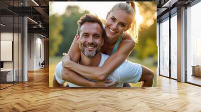 A cheerful couple sharing a joyful moment outdoors at sunset. The image captures happiness and togetherness in a natural setting. Wall mural