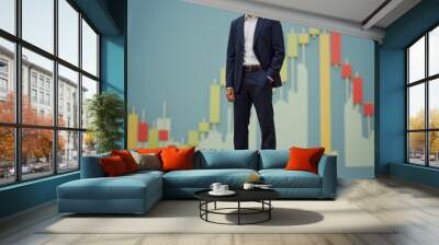 A confident businessman in a suit stands on a pile of coins against a financial graph background, symbolizing success, financial growth, and investment in the business world. Wall mural