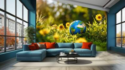 Ecology, eco-sustainability - A globe in a field of yellow flowers which are a symbol of hope and optimism, the image reminds us that there is still hope for the future of our planet Wall mural