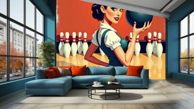 Retro-themed illustration featuring a woman in a 1950s dress holding a bowling ball. Vibrant colors and nostalgic style capture the essence of classic American leisure activities. Wall mural