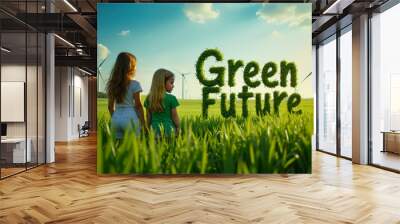 Two children stand in a field gazing at eco-friendly wind turbines, symbolizing a sustainable green future with renewable energy. Wall mural