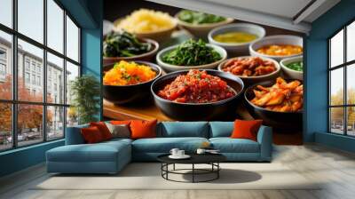 Colorful Array of Banchan (Side Dishes) Served Alongside a Traditional Korean Meal, Generative AI Wall mural