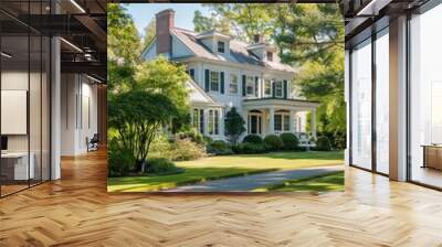 professional photography of a suburban colonial-style home with a manicured front lawn, classic arch Wall mural