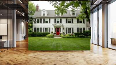 professional photography of a suburban colonial-style home with a manicured front lawn, classic arch Wall mural