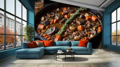 Steak, a Hearty and Flavorful Beef Bourguignon in a Rich Red Wine Sauce Generative AI Wall mural